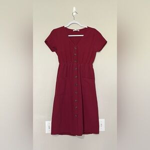 Angashion Button-Front Burgundy Midi Dress - Small